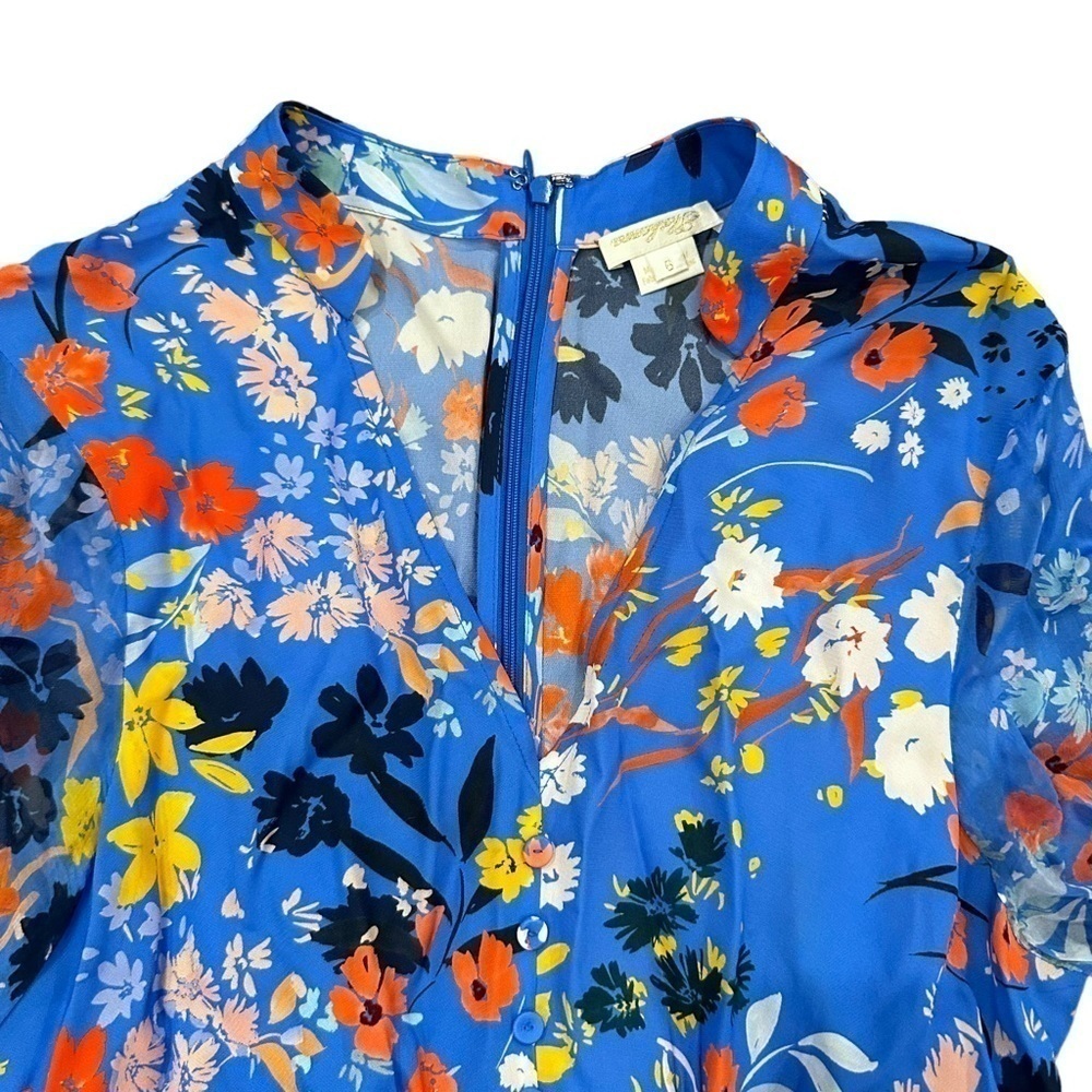 Shoshanna Womens Blue Zippered Ruffled Floral 3/4 Sleeve V Neck dress - Picture 9 of 10